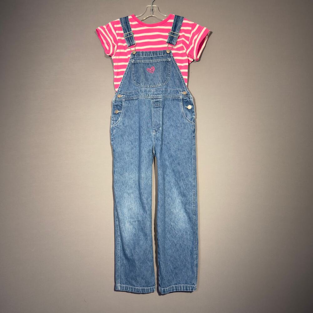 MY TWINN Vintage Little Girls Bib Overalls & Pink Striped Tshirt Size M 7-8
